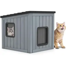 COSTWAY Casa para Gatos Exterior, Resistente a la Intemperie, 62,5x54x56,5 cm, Caseta Gato Exterior con 2 PVC Puertas de Rejilla y Techo Inclinado, Refugio para Mascotas, Cachorros, Conejos, Gris - 62,5 cm x 54 cm x 56,5 cm