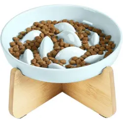 HausPets Comedero de cerámica elevado con soporte de bambú, vómitos secos - Pieza de ballena con soporte