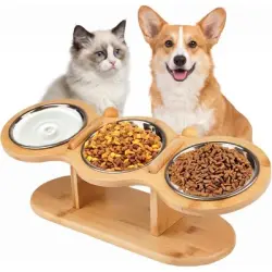 HausPets Comedero gato elevado 3 cuencos acero ajustable - 3 cuencos de acero inoxidable