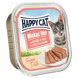 Happy Cat Minkas Duo Bocaditos en cuenco de paté - Ave y salmón 16 x 100 g