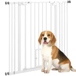 PawHut Barrera de Seguridad para Perros con 1 Puerta Pequeña Barrera para Mascotas Extensible con Cierre Automático y Sistema de Doble Bloqueo para Puerta Pasillo Escalera 74-101x104,1 cm Blanco