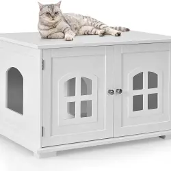 COSTWAY Casita-mesita de Noche con Doble Puerta y Ventana para Gatos - 81 x 53 x 49 cm