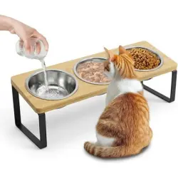 HausPets Comedero elevado perros pequeños, 3 cuencos cerámica, soporte 15° - una pieza