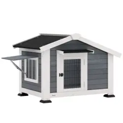 PawHut Caseta para Perros Exterior de Madera, Casa para Perros Medianos con Techo Asfático, Suelo Extraíble, Ventana Abatible y Puerta Ventilada, Base Elevada, 98x76x69,5 cm, Gris - 98x76x69.5 cm