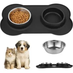 ZooVenture Comedero de acero inoxidable con 2 cuencos y sistema de silicona - Negro 36*21cm