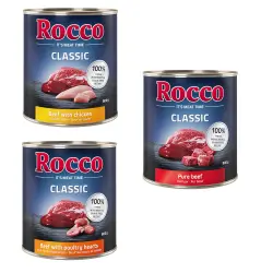 Pack mixto de prueba: Rocco Classic 6 x 800g - Mix Top ventas: vacuno puro, vacuno y corazones de ave, vacuno y pollo