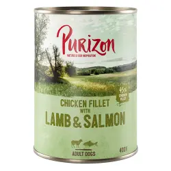 Purizon Adult 12 x 400 g comida húmeda sin cereales para perros - Cordero y salmón con patata y pera
