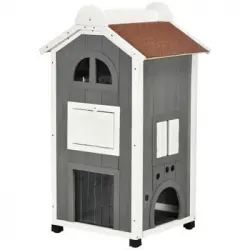 Casa Para Gatos De Madera De Abeto 59x55x109 Cm-pawhut. Gris