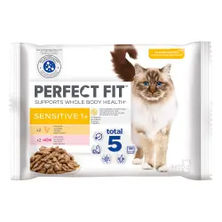 Perfect Fit Sensitive 1+ en bolsitas para gatos  Pack mixto: pollo y salmón 4 x 85 g