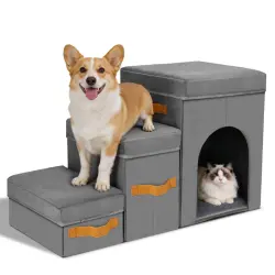 Nobleza Escalera para Perros Pequeños y Gatos de 3 Peldaños – Rampa Plegable y Desmontable con Almacenaje y Cueva de Descanso, Escalones Antideslizantes Soporta hasta 50 kg, 77 × 36 × 44 cm, Gris - 77*36*44cm