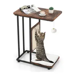 COSTWAY 4 en 1 Árbol para Gatos y Mesa Auxiliar en Forma de C con Cojín Lavable Marrón Rústico para gatos - 50 x 30 x 64 cm
