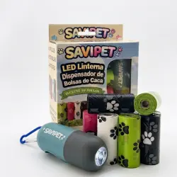 SAVIPET Dispensador de Bolsas de Excremento para Perro con Linterna LED | Incluye 150 Bolsas, 10 Rollos - 18 x 14 x 6 cm