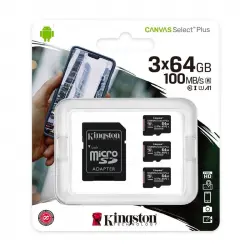 Kingston Canvas Select Plus MicroSDXC 64GB UHS-I U1 V10 Clase 10 Pack 3 Unidades + Adaptador SD