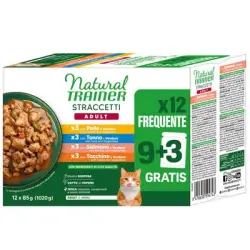 Natural Trainer Straccetti Adult tiras en salsa 12 x 85 g - Pack mixto (pollo, salmón, atún, pavo)