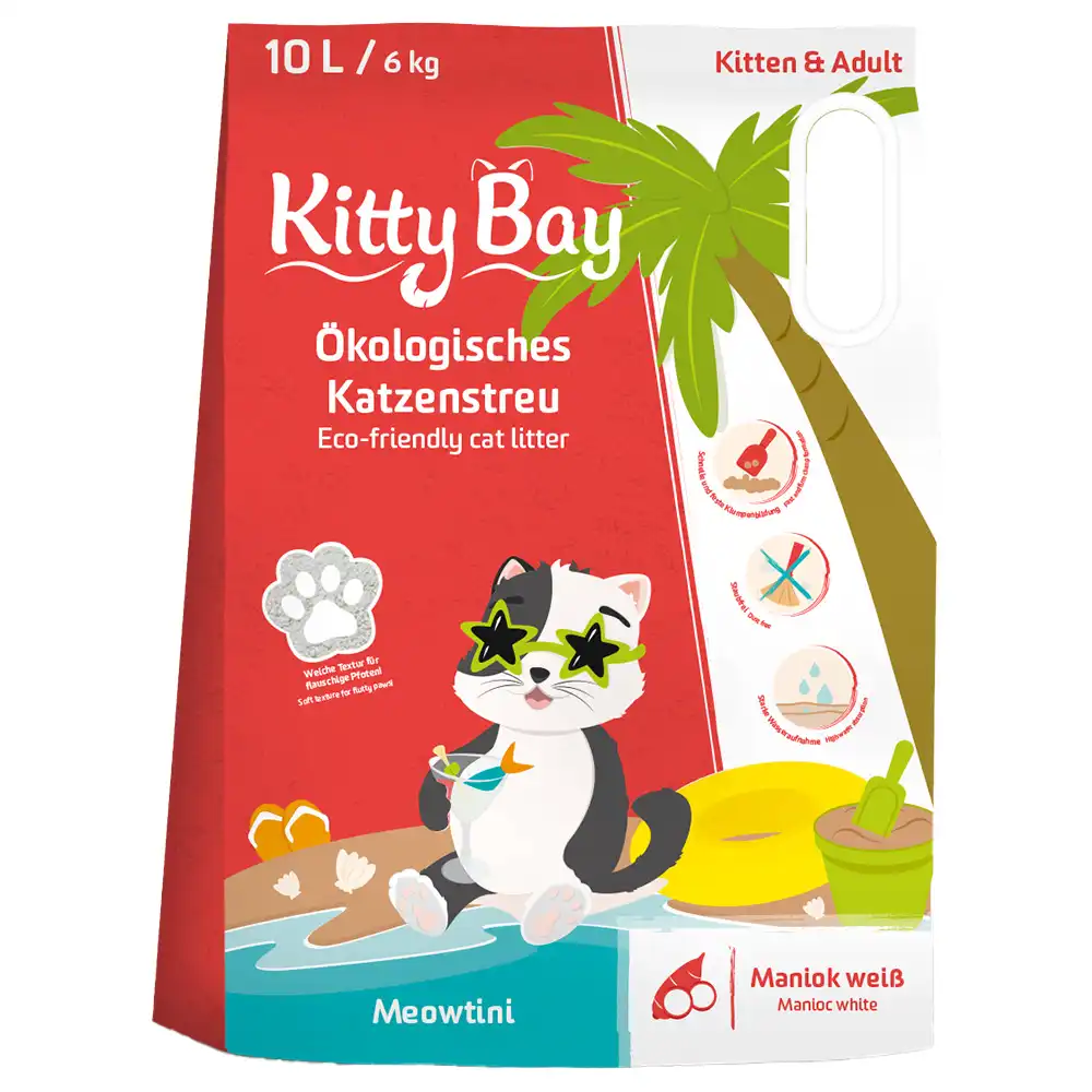 Arena ecológica KittyBay Meowtini Yuca Blanca para gatos - 3 x 10 litros (18 kg) - Pack Ahorro - Kitty Bay - Comparador de precios