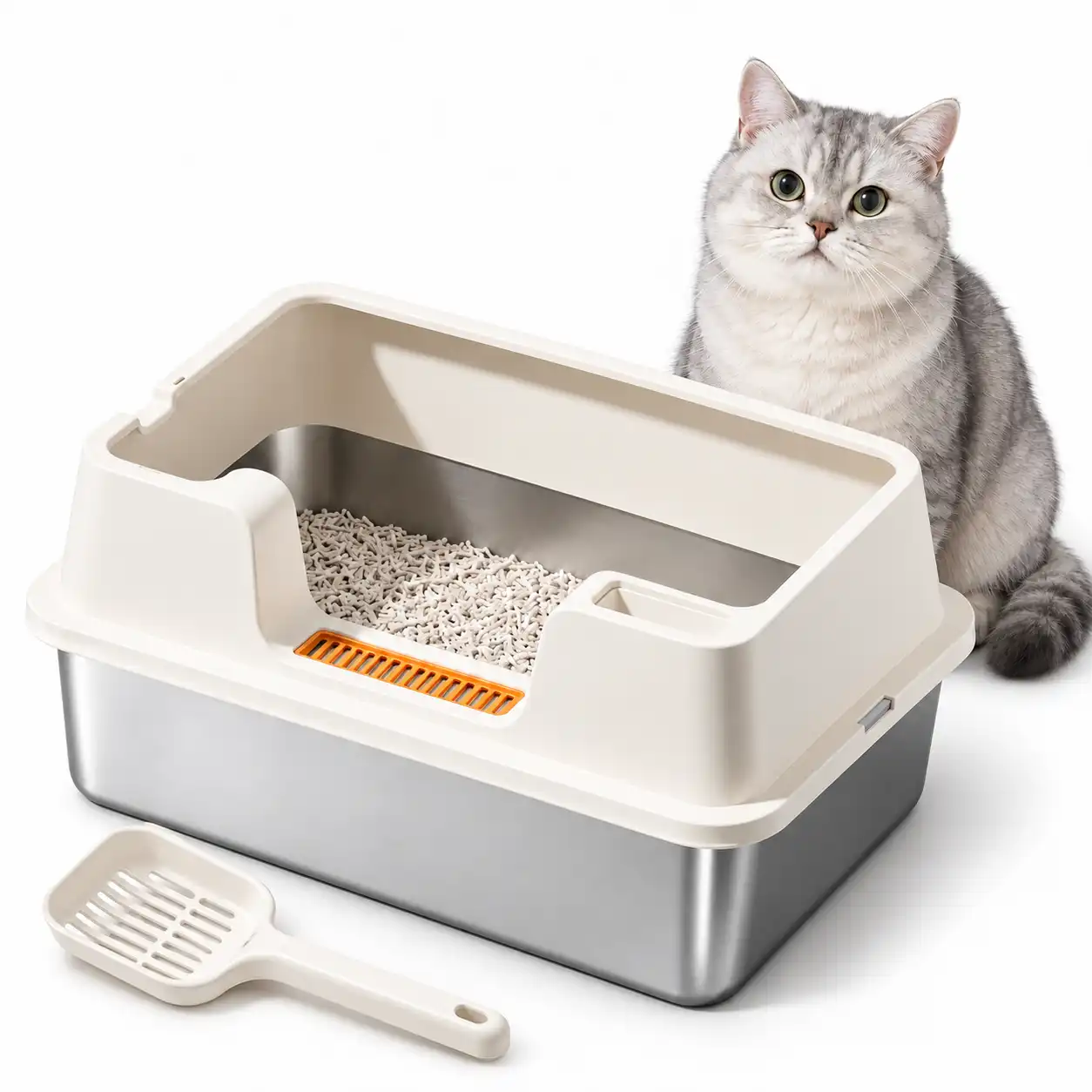FreshPaw Arenero XL de acero inoxidable para gatos con bordes altos, blanco roto, 60 × 40 × 27 cm - 60 × 40 × 27 cm - FreshPaw - Comparador de precios