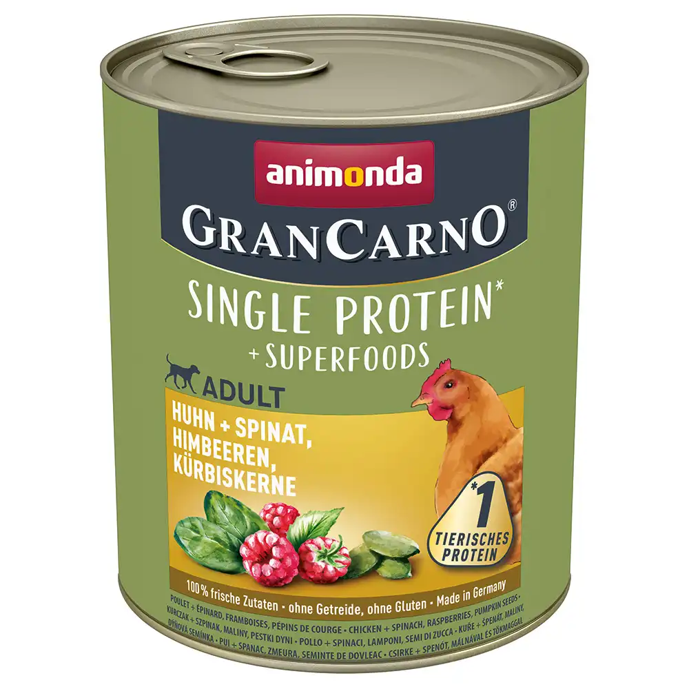 Animonda GranCarno Superfoods Adult 6 x 800 g - Pollo con espinacas, frambuesa, pipas de calabaza