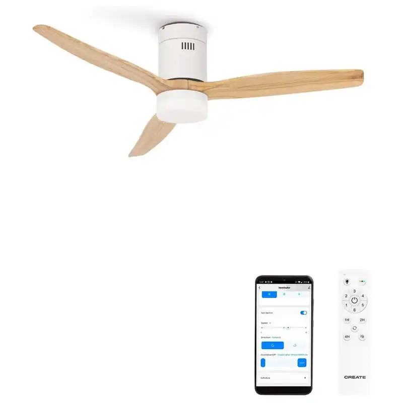 Create Wind Calm Ventilador de Techo 40W Silencioso 132cm con Luz LED de 15W WiFi 100% Madera Blanco
