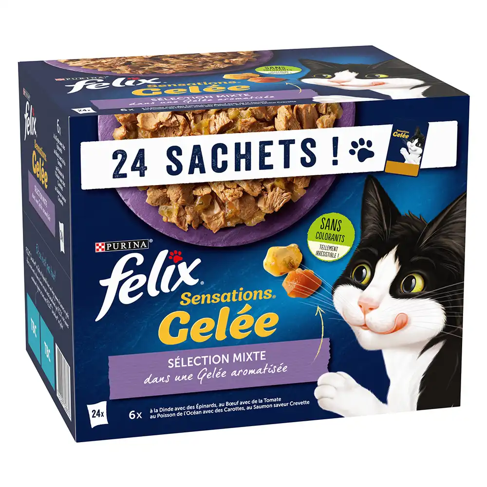 Felix Sensations 24 x 85 g - Pack mixto en gelatina: pavo, vacuno, pescado y salmón