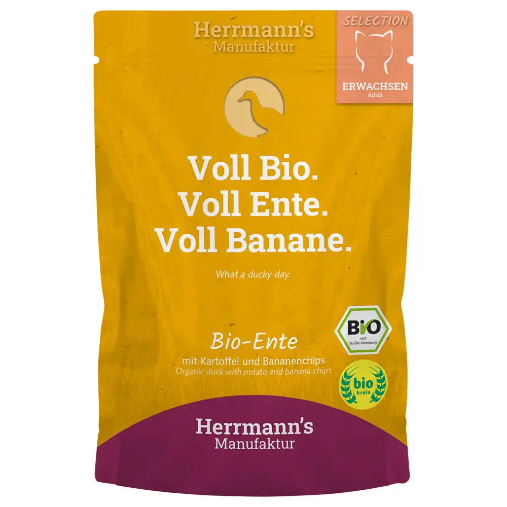 Herrmann's Selection 20 x 100 g comida húmeda para gatos - Pato ecológico con patatas ecológicas y chips de plátano ecológico