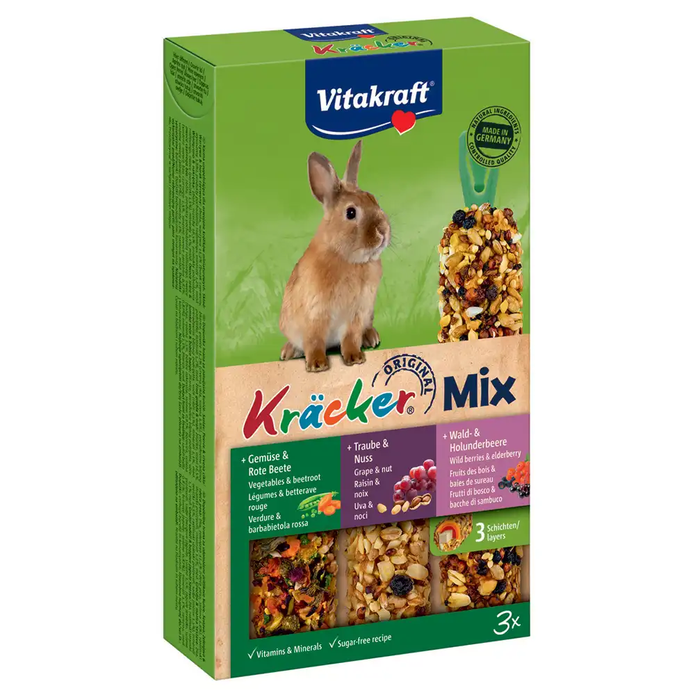 Vitakraft galletas Trio-Mix para conejos enano - 3x3 Verdura & Remolacha, Uva & Nuez, Frutas del bosque & bayas de saúco - Vitakraft - Comparador de precios