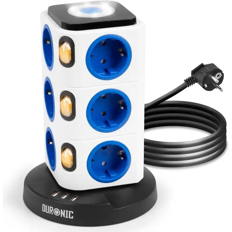 Duronic ET12L Regleta de Enchufe Múltiple 3 Puertos USB y Luz Nocturna 3680W 16A Cable de 1.8m
