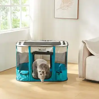 Parque Para Mascotas Mörbylånga Plegable 70x55x45cm - Azul/beige [en.casa]