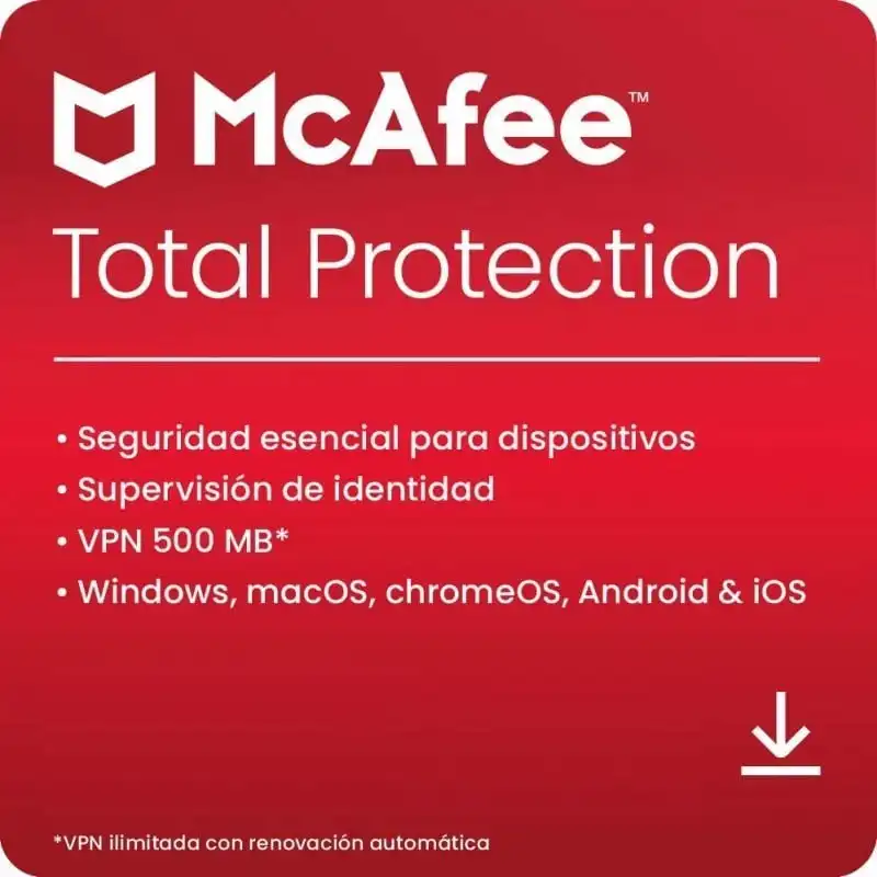 McAfee Total Protection 2024 1 Dispositivos 3 Años PC/Mac/iOS/Android Descarga Digital