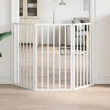 Puerta Para Perros Plegable 3 Paneles Madera Álamo Blanca 150cm