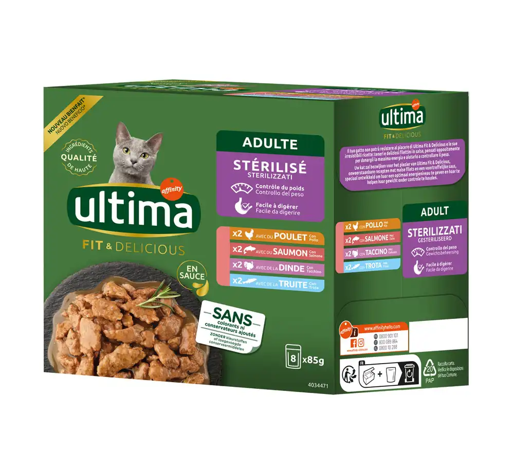 Ultima Cat Sterilised 8 x 85 g - Mix I (pollo, pavo, salmón, trucha)