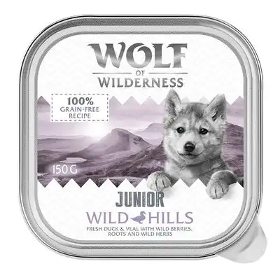 Wolf of Wilderness JUNIOR - Receta duoproteica 6 / 24 x 150 g en tarrinas - 6 x 150 g Wild Hills - pato y ternera - Wolf of Wilderness - Comparador de precios