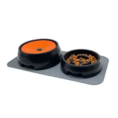 IntiMeg Juego de comederos de alimentación lenta perros gatos + alfombrilla - Fregadero doble redondo + alfombra - IntiMeg - Comparador de precios