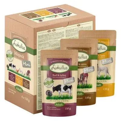Lukullus Mini Mix Adult en bolsitas 6 x 150 g - Pack de prueba mixto - Vacuno y pavo / Caza y conejo / Ave y cordero - Lukullus - Comparador de precios