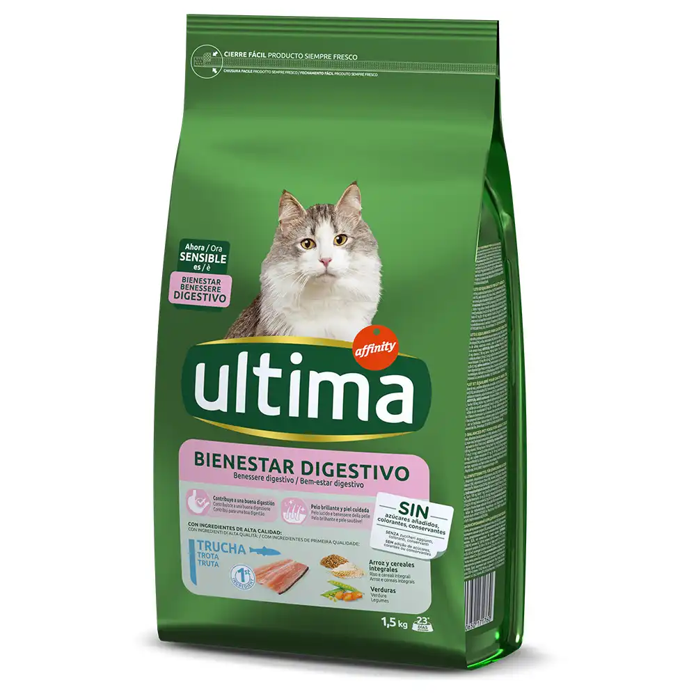 Ultima Bienestar digestivo con trucha para gatos - 4,5 kg (3 x 1,5 kg)
