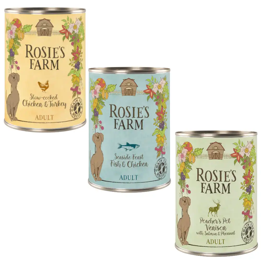 Rosie's Farm Adult 6 x 400 g - Pack mixto II: pollo y pavo, venado, pescado y pollo