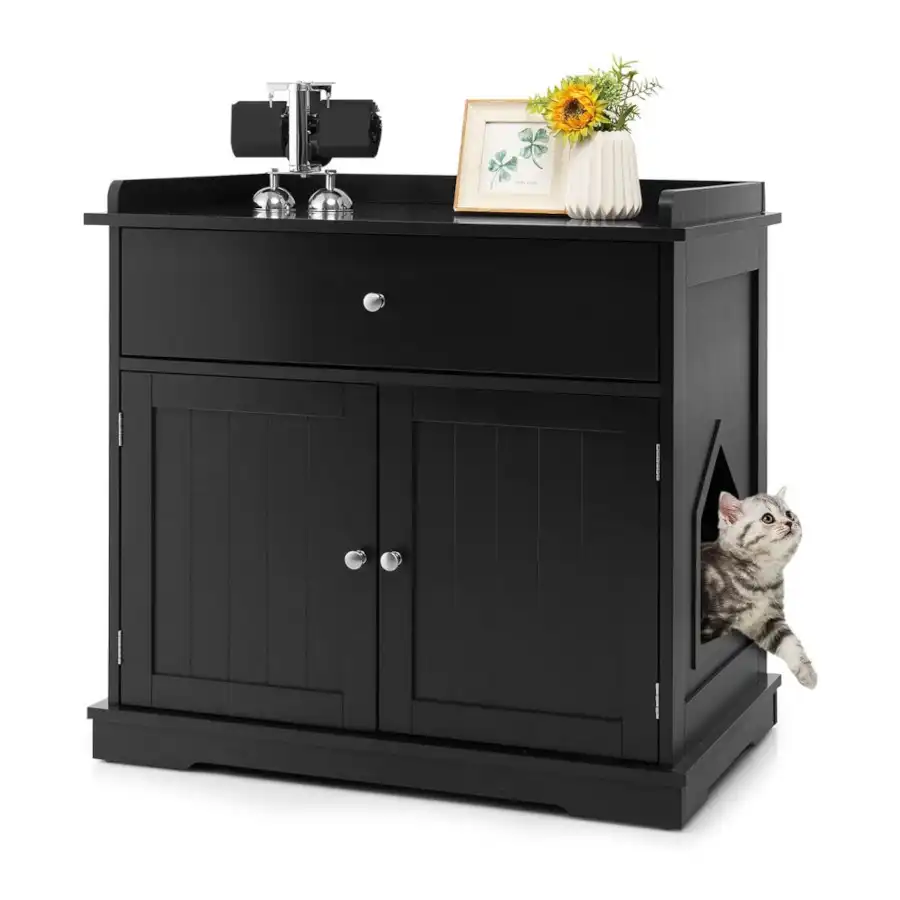 COSTWAY Mueble Cajón y 2 Puertas Negro para Gatos - 76 x 53 x 74 cm - COSTWAY - Comparador de precios