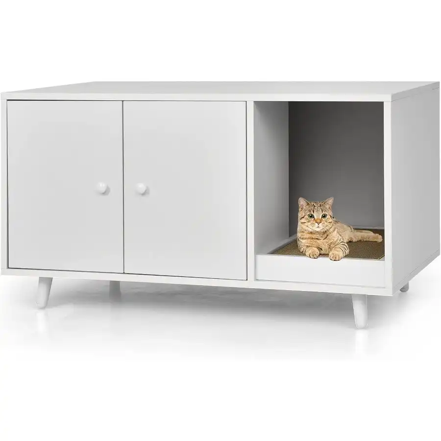 COSTWAY 3 en 1 Casa para Gatos con Rascador Extraíble y Mesa de Centro Auxiliar Blanca para gatos - 50 x 50 x 90 cm - COSTWAY - Comparador de precios