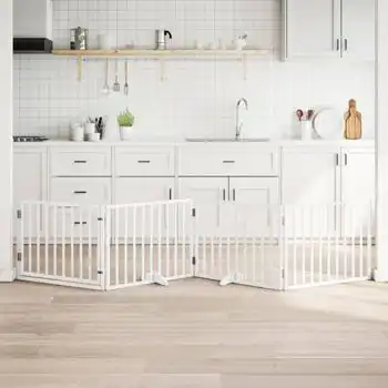 Puerta Para Perros Plegable 4 Paneles Madera Álamo Blanca 320cm