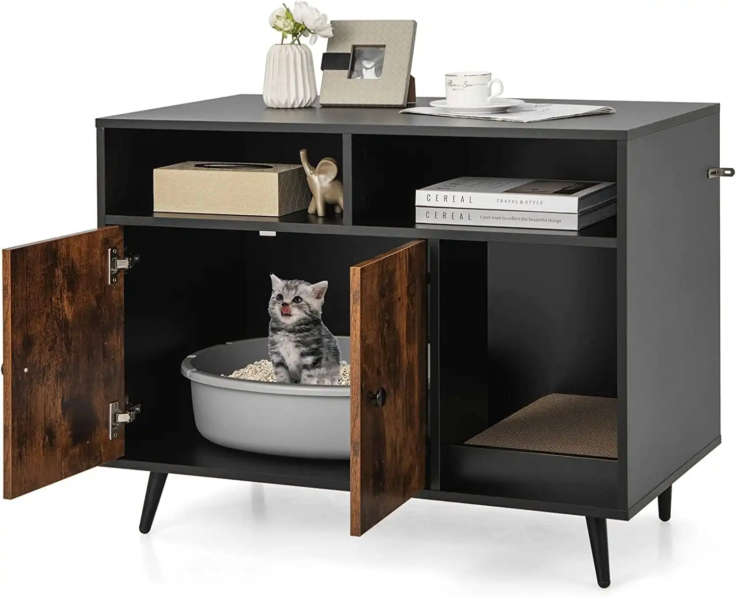 COSTWAY Caja de Arena con Tabla para Rascar y Mueble para Gatos como Mesa Auxiliar - 90 x 50 x 70 cm - COSTWAY - Comparador de precios