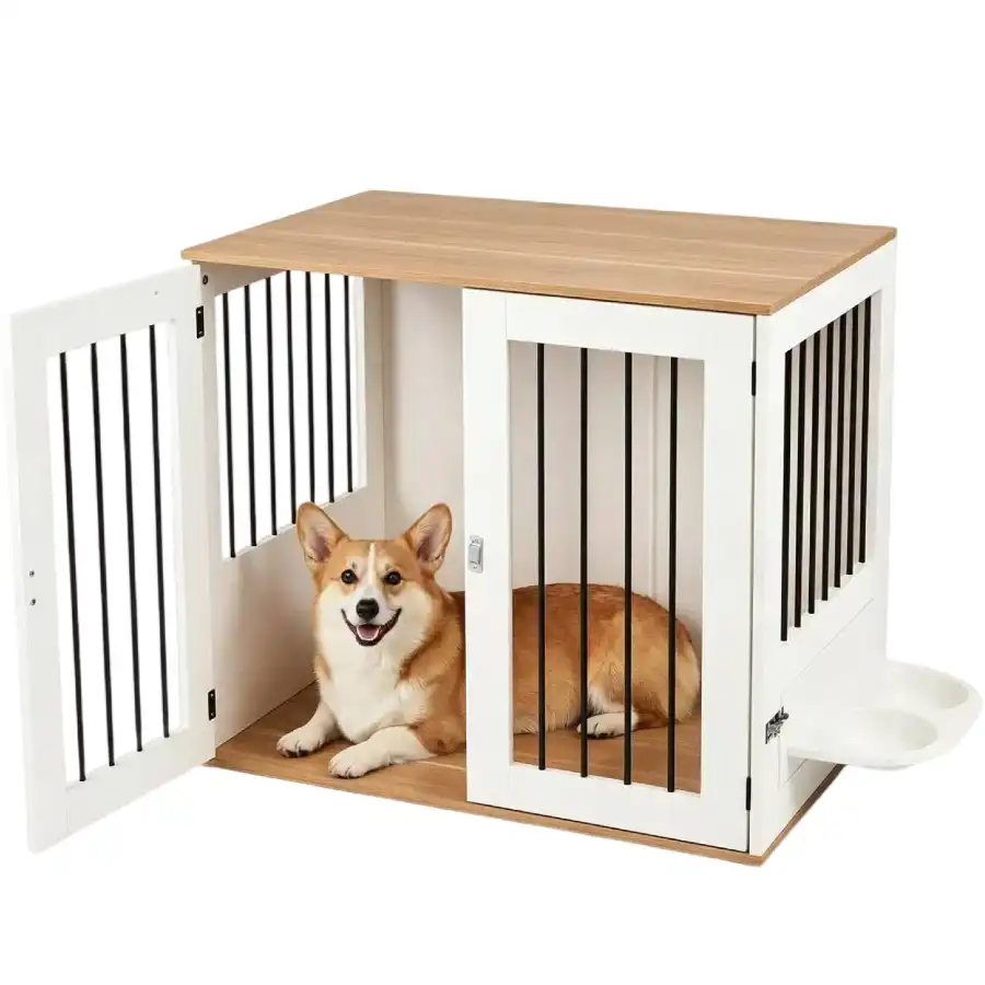 COSTWAY Jaula para Perros, Mueble de Jaula para Perros con Comedero Giratorio 360°, Puertas de Doble Cerradura, Cuencos, Mesa Auxiliar Caseta para Mascotas Pequeñas y Medianas, 80 x 55,5 x 71,5 cm - 80 x 55,5 x 71,5 cm - COSTWAY - Comparador de precios