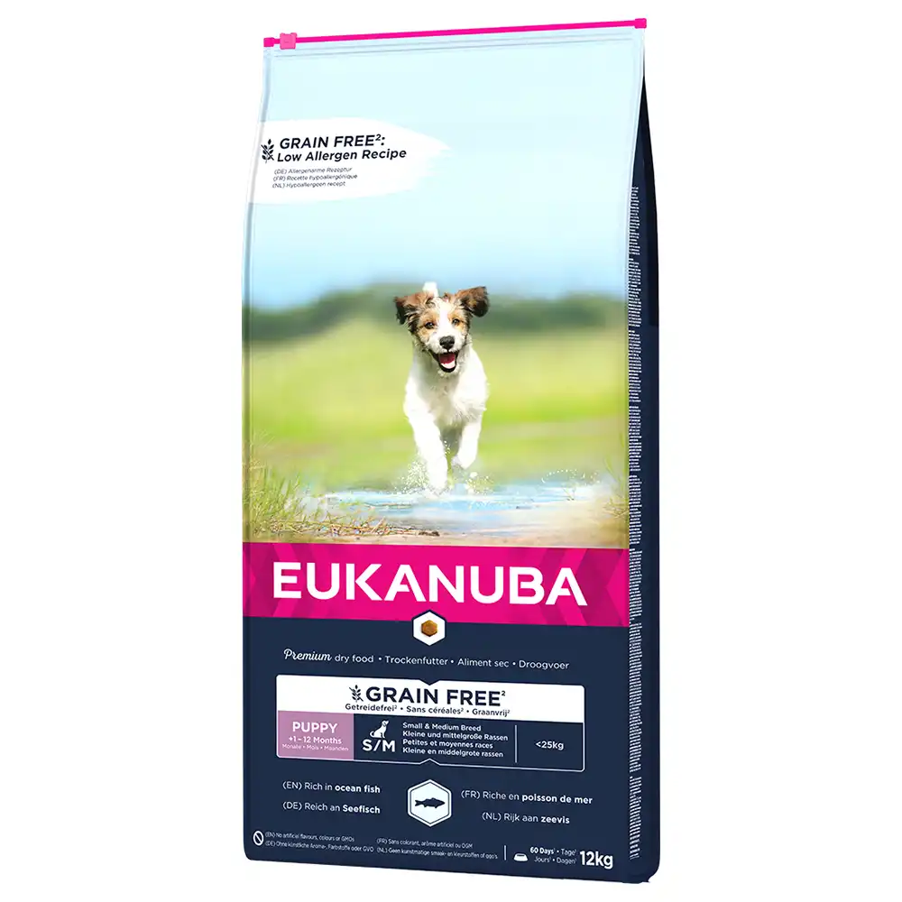 Eukanuba Grain Free Puppy razas pequeñas y medianas con salmón - 12 kg