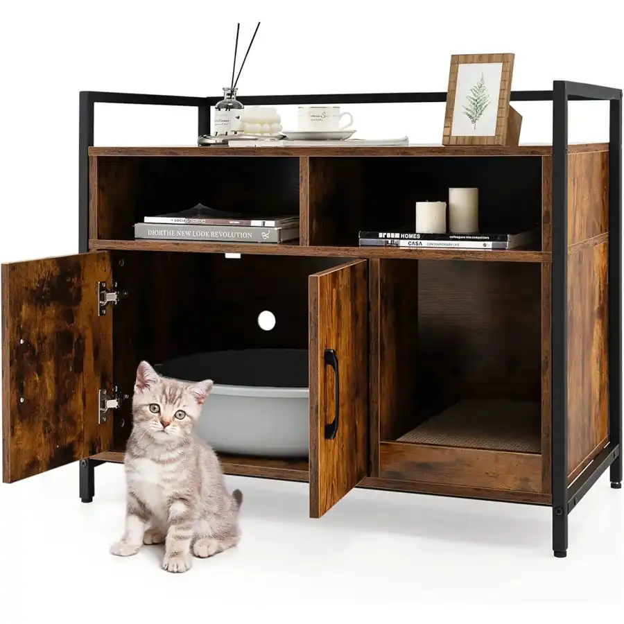 COSTWAY Caja de Arena de Madera con Estante y 2 Compartimentos para gatos - 89 x 45 x 74,5 cm - COSTWAY - Comparador de precios