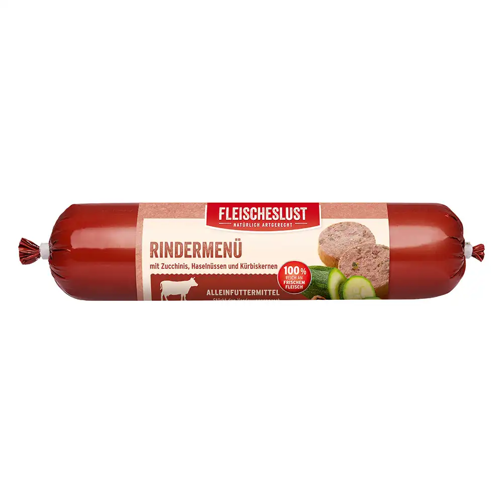 Fleischeslust Classic 6 x 800 g salchichas para perros - Vacuno con calabacín, avellana y semillas de calabaza