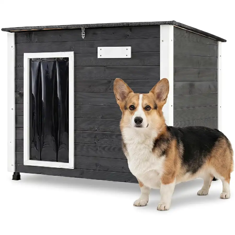 COSTWAY Caseta para Perros Exterior, Casa para Perros de Madera | con Puerta, Techo Inclinado Abatible, Puerta de PVC, Patas Elevadas, 85,5 x 56,5 x 64,5cm Mueble Perrera para Mascotas, Gris - 85,5 x 56,5 x 64,5cm - COSTWAY - Comparador de precios