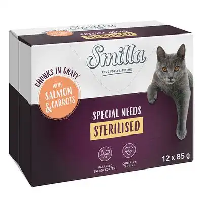 Smilla Bocaditos con verduras 48 x 85 g en oferta: 40 + 8 ¡gratis! - Sterilised con salmón y zanahorias - Smilla - Comparador de precios