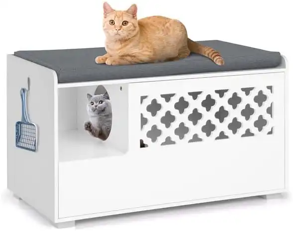 COSTWAY Banco con Arenero y Cojín Extraíble, Mueble Ocultador de Arenero para gatos - 90 cm x 48,5 cm x 52 cm - COSTWAY - Comparador de precios