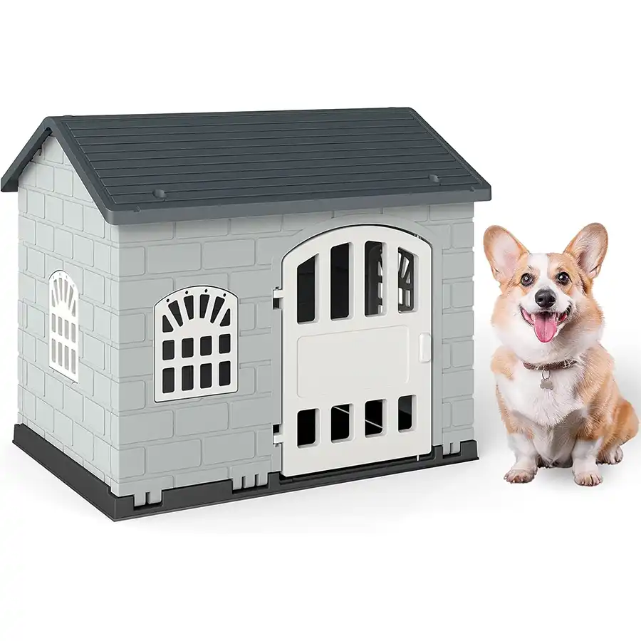 COSTWAY Caseta Perros de Plástico, Refugio para Mascotas con Puerta Bloqueable, 3 Ventanas, Techo Inclinado y Base con Orificios de Drenaje, Jaula Impermeable para Interior y Exterior (Gris) - 75 x 58 x 65 cm - COSTWAY - Comparador de precios