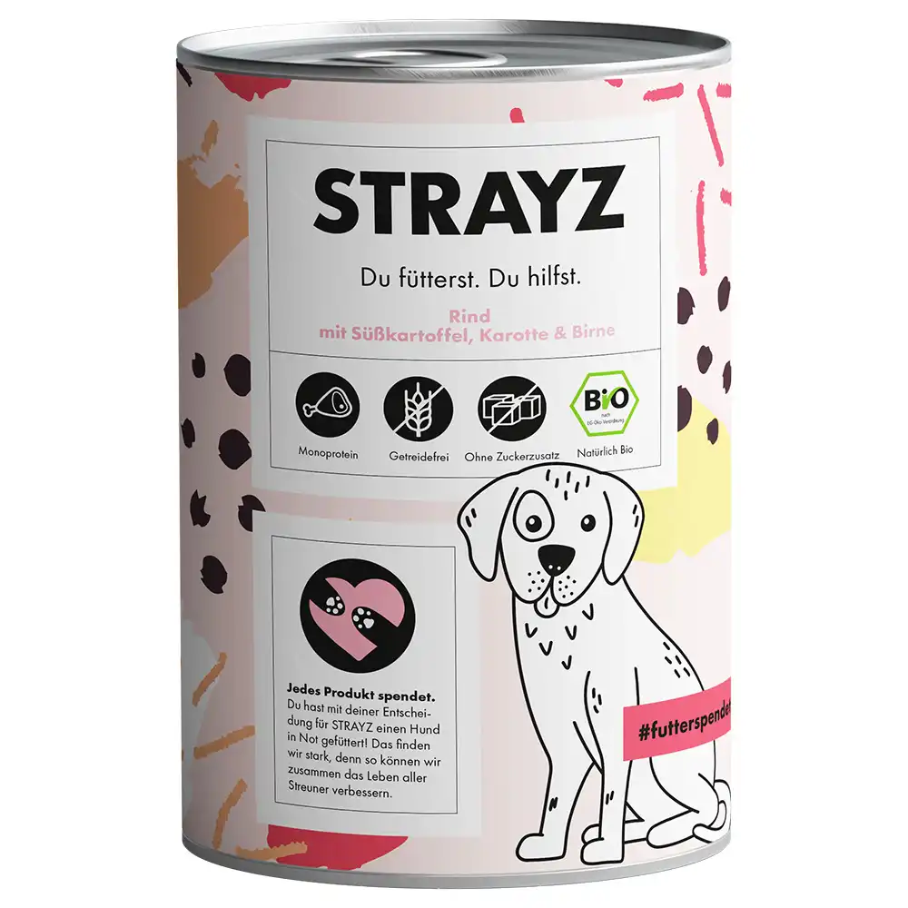 STRAYZ BIO 6 x 400 g - Ternera vacuno ecológica con boniato ecológico, zanahoria ecológica y pera ecológica