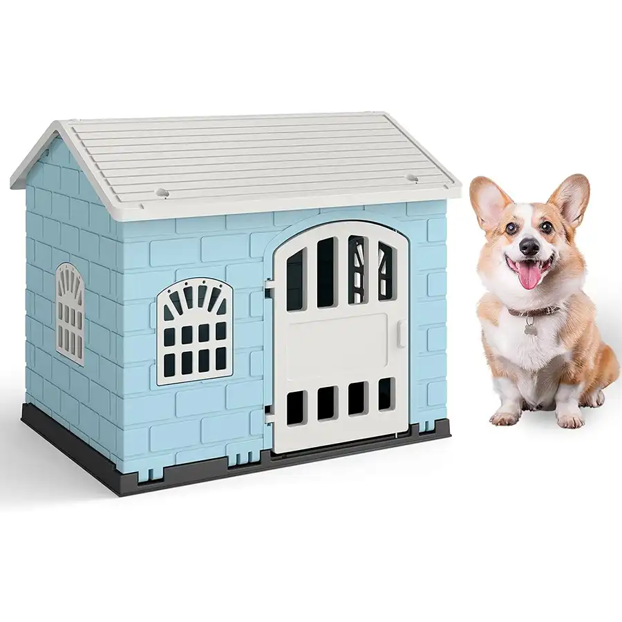 COSTWAY Caseta Perros de Plástico, Refugio para Mascotas con Puerta Bloqueable, 3 Ventanas, Techo Inclinado y Base con Orificios de Drenaje, Jaula Impermeable para Interior y Exterior (Azul) - 75 x 58 x 65 cm - COSTWAY - Comparador de precios