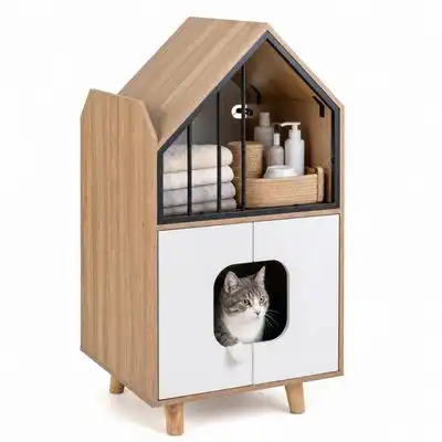GIANTEX Mueble Arenero para Gatos en Forma Casita de 2 Niveles con Puertas - 1 Mueble Arenero - Giantex - Comparador de precios